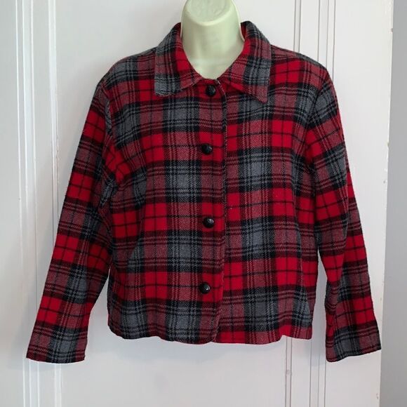 Vtg 90s Fresno Sport red & black plaid wool short jacket - Picture 1 of 8